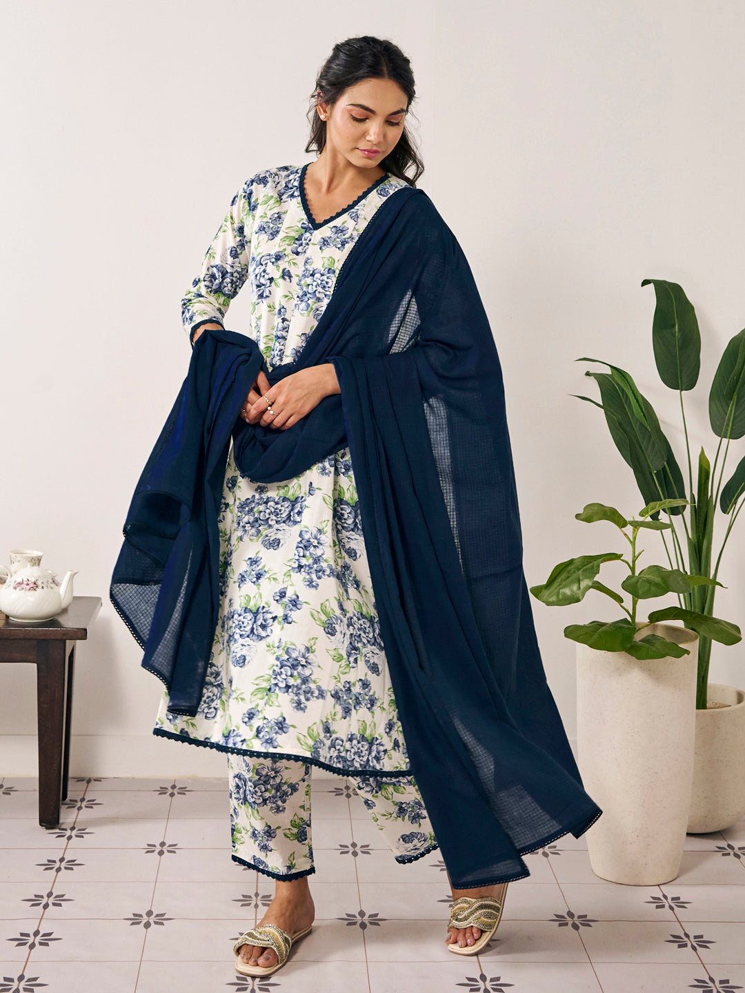 Women's Floral Panelled Aanarkali Suit Set with Dupatta
