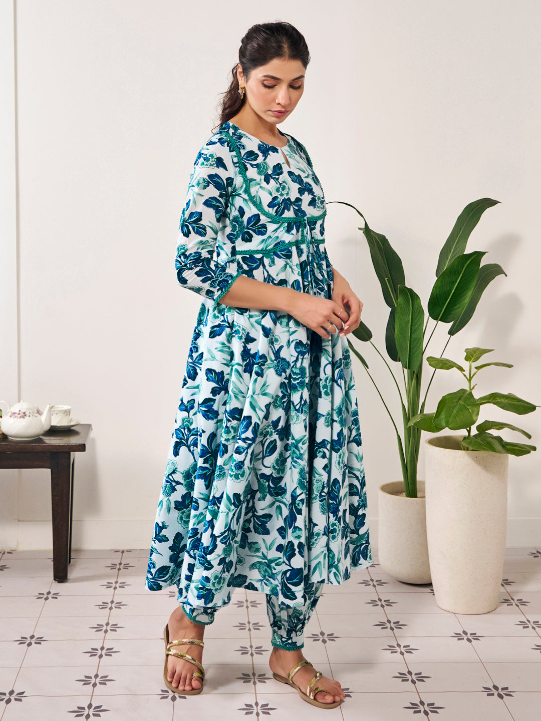 Women's Cotton Anarkali Kurta With Dhoti Pant And Kota Doria Dupatta Suit Set