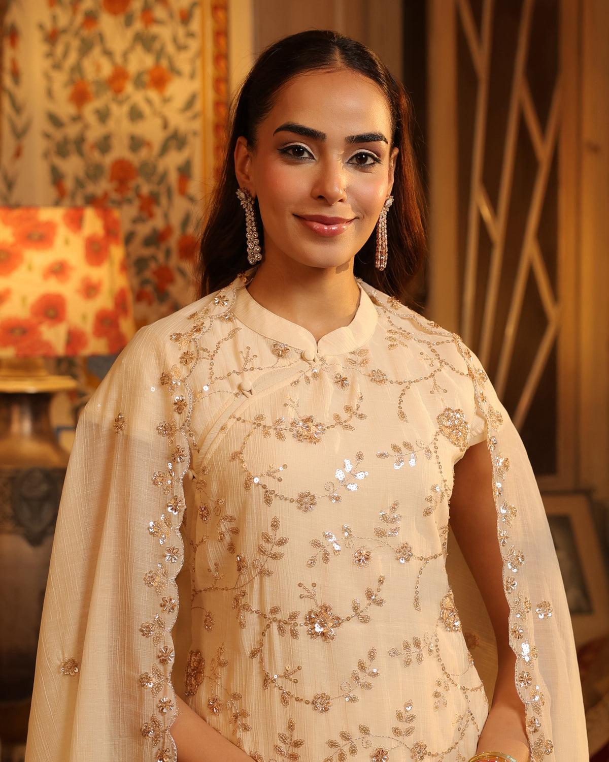 Women's Cream Embroidered Long Kurta Set with Dupatta
