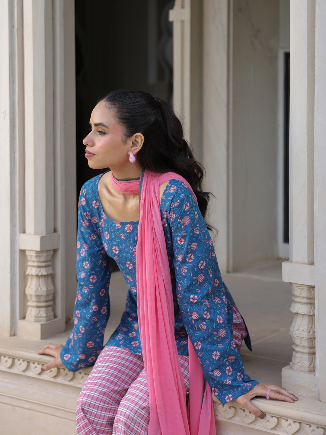 Women's Cotton Short Kurti With Flared Pants and Dupatta