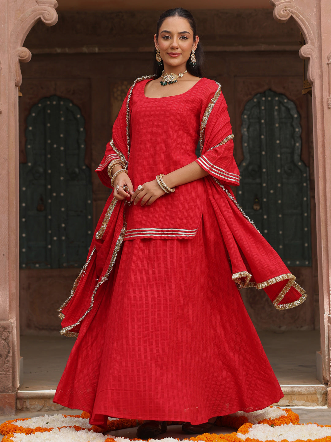 Women's Red Woven Cotton Skirt Set with Dupatta