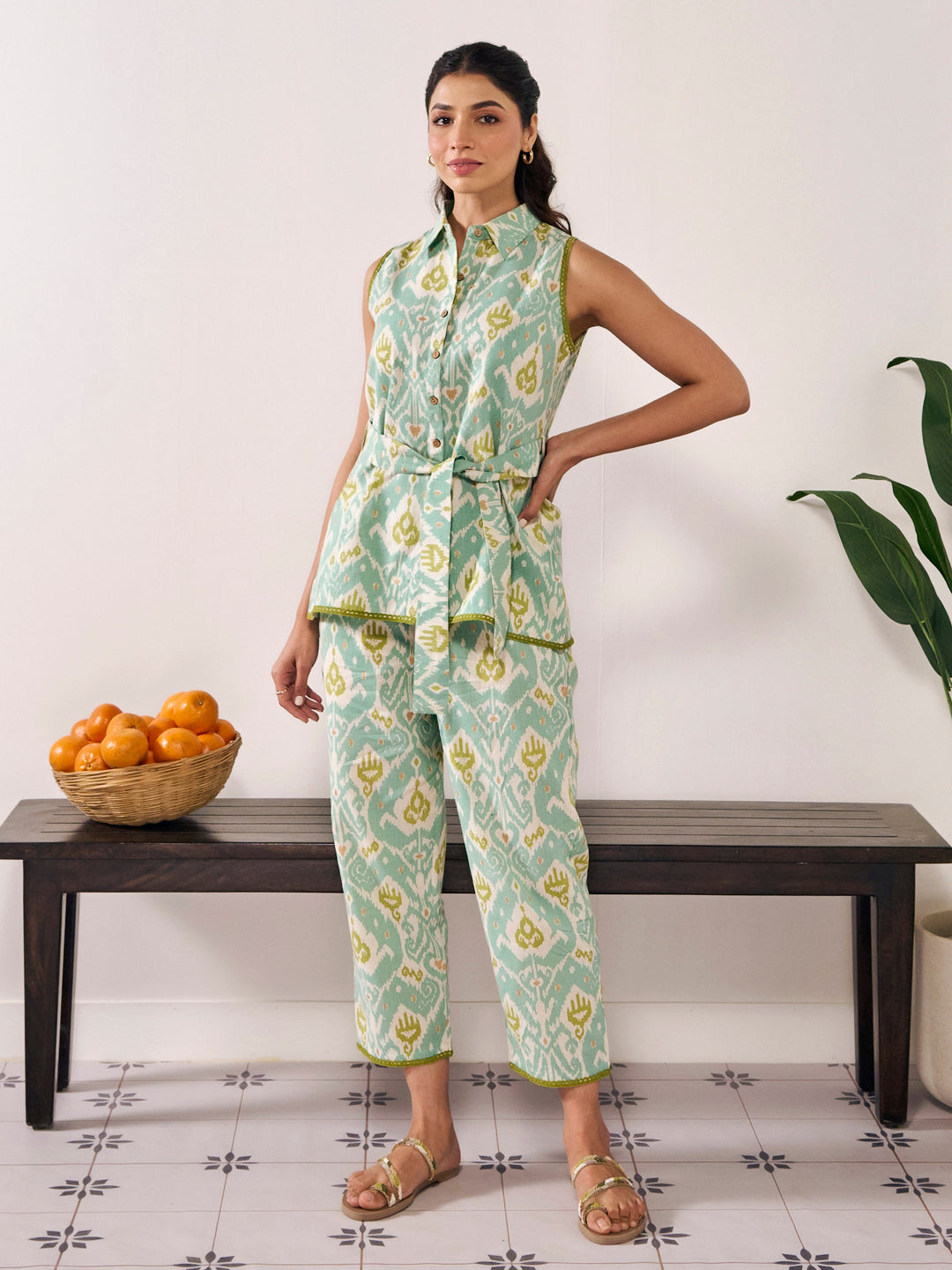 Women's Ikat Print Belted Co Ord Set