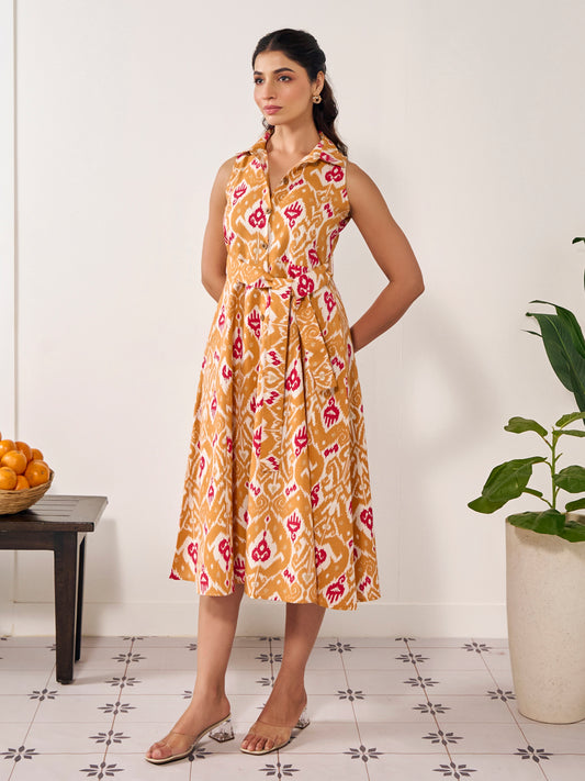 Women's Collared Long Belted Flared Dress