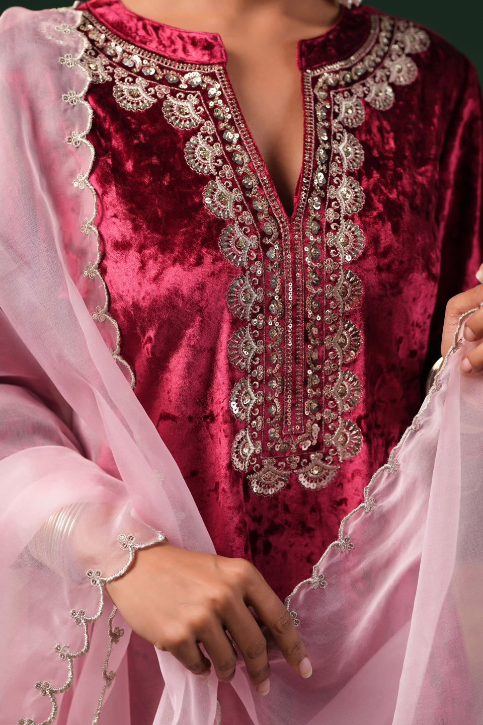 Women's Red Embroiderd Velvet Kurta Set with Dupatta