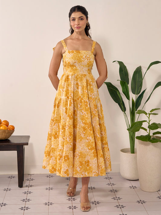 Women's Tier Style Long Flared Tie Up Dress