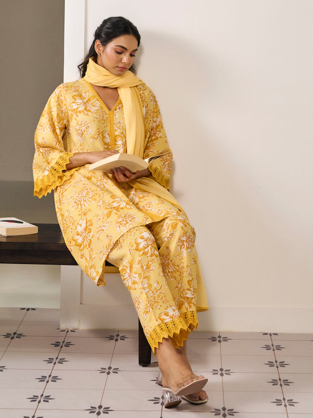 Women's Floral Flared Short Kurta Set with Dupatta