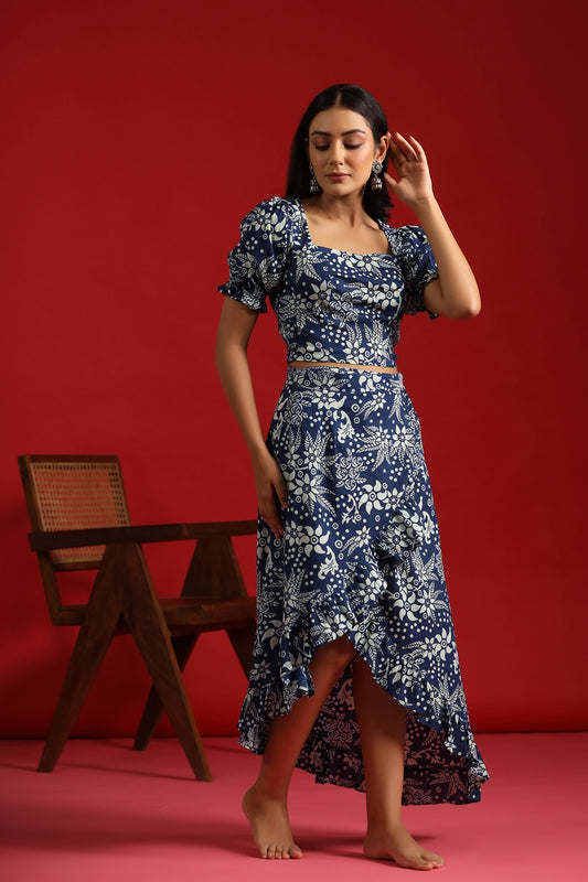 Women's White & Indigo Ruffled Wrap Skirt With Balloon Sleeves Top