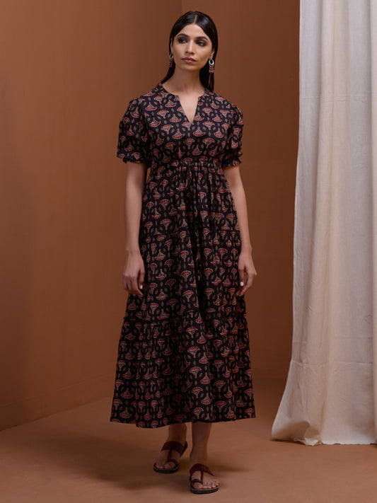 Women's Designer Black Printed Tier Dress