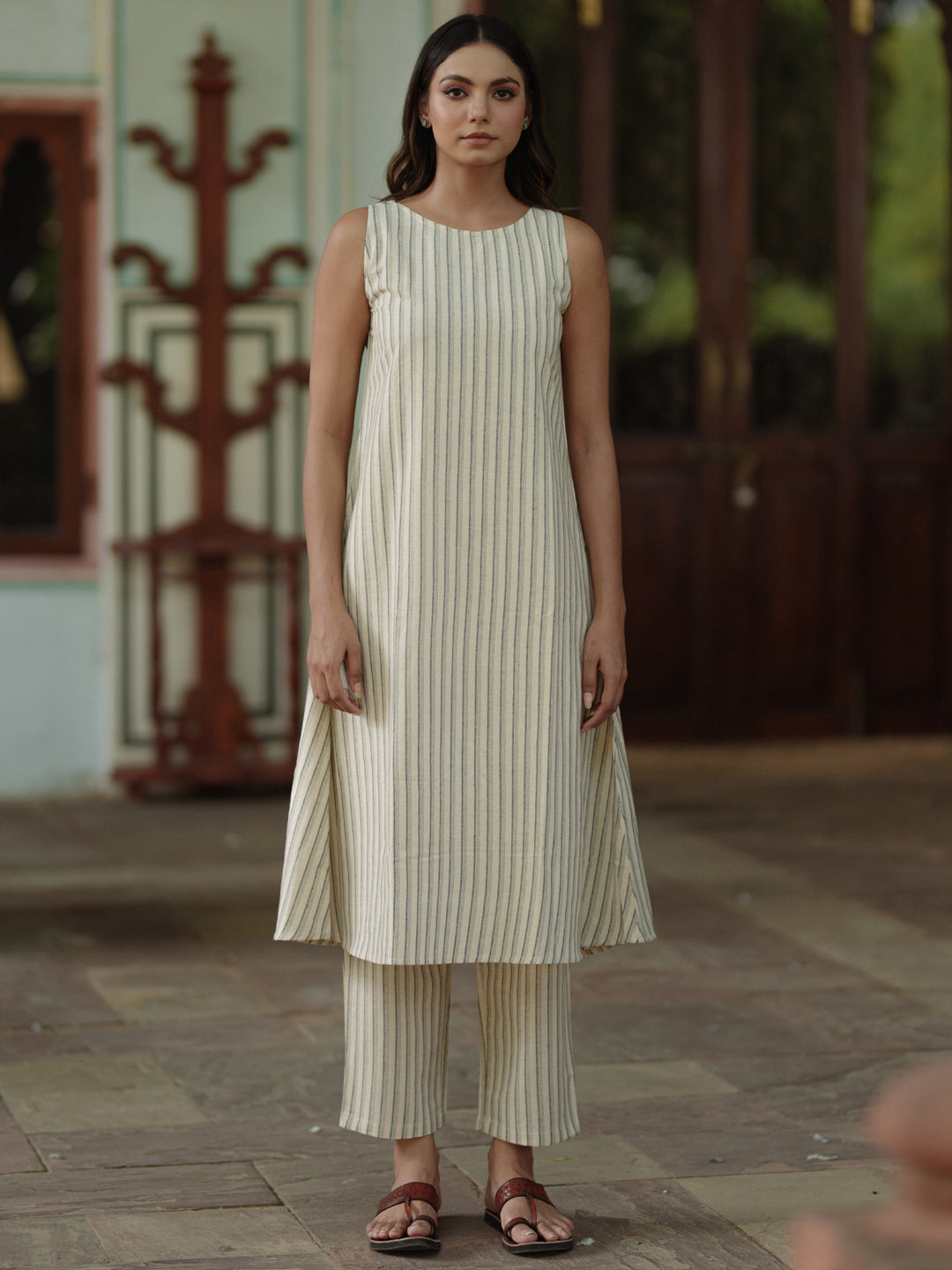 Women's Cream Cotton Sleeveless A line Kurta with Trousers