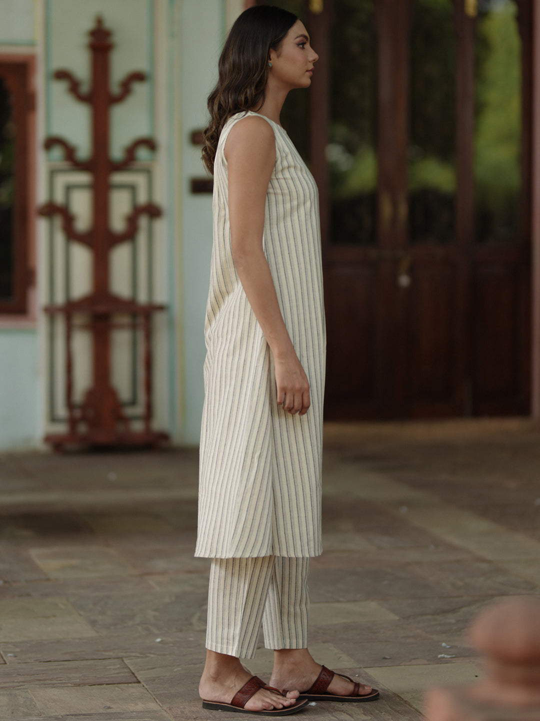 Women's Cream Cotton Sleeveless A line Kurta with Trousers