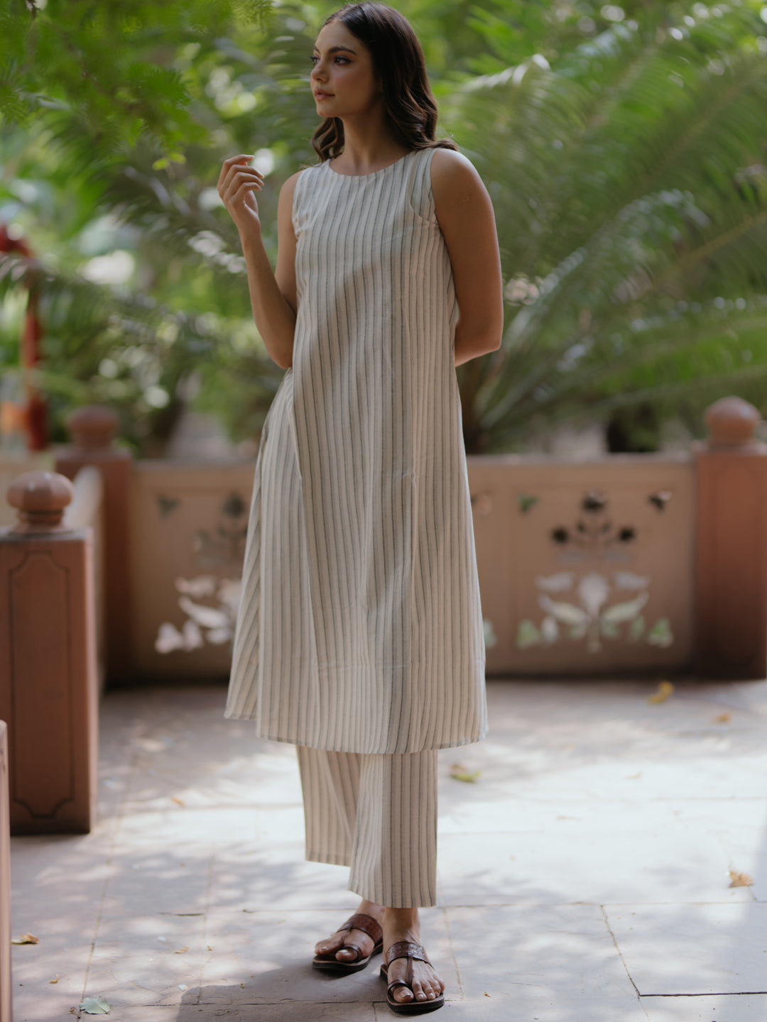 Women's Cream Cotton Sleeveless A line Kurta with Trousers