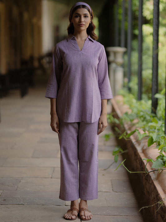 Women's Purple Cotton Collared Short Kurta Top with Trousers