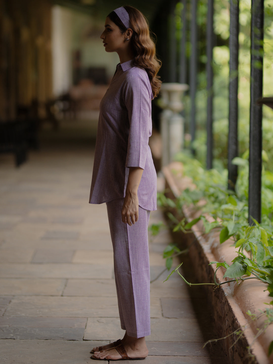 Women's Purple Cotton Collared Short Kurta Top with Trousers