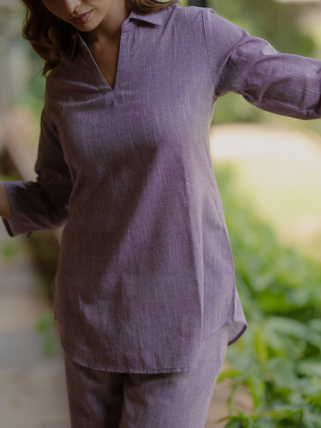 Women's Purple Cotton Collared Short Kurta Top with Trousers