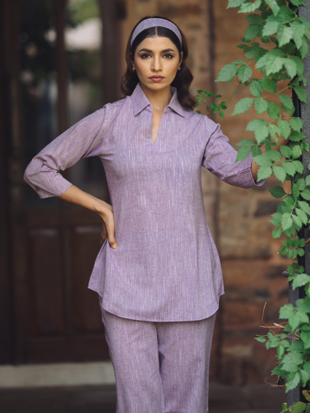 Women's Purple Cotton Collared Short Kurta Top with Trousers