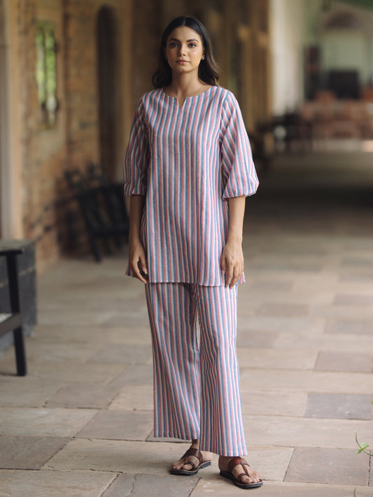 Light Pink & White Pure Cotton Short Kurta Set with Trousers