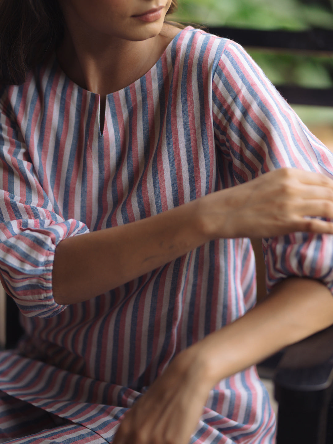Light Pink & White Pure Cotton Short Kurta Set with Trousers