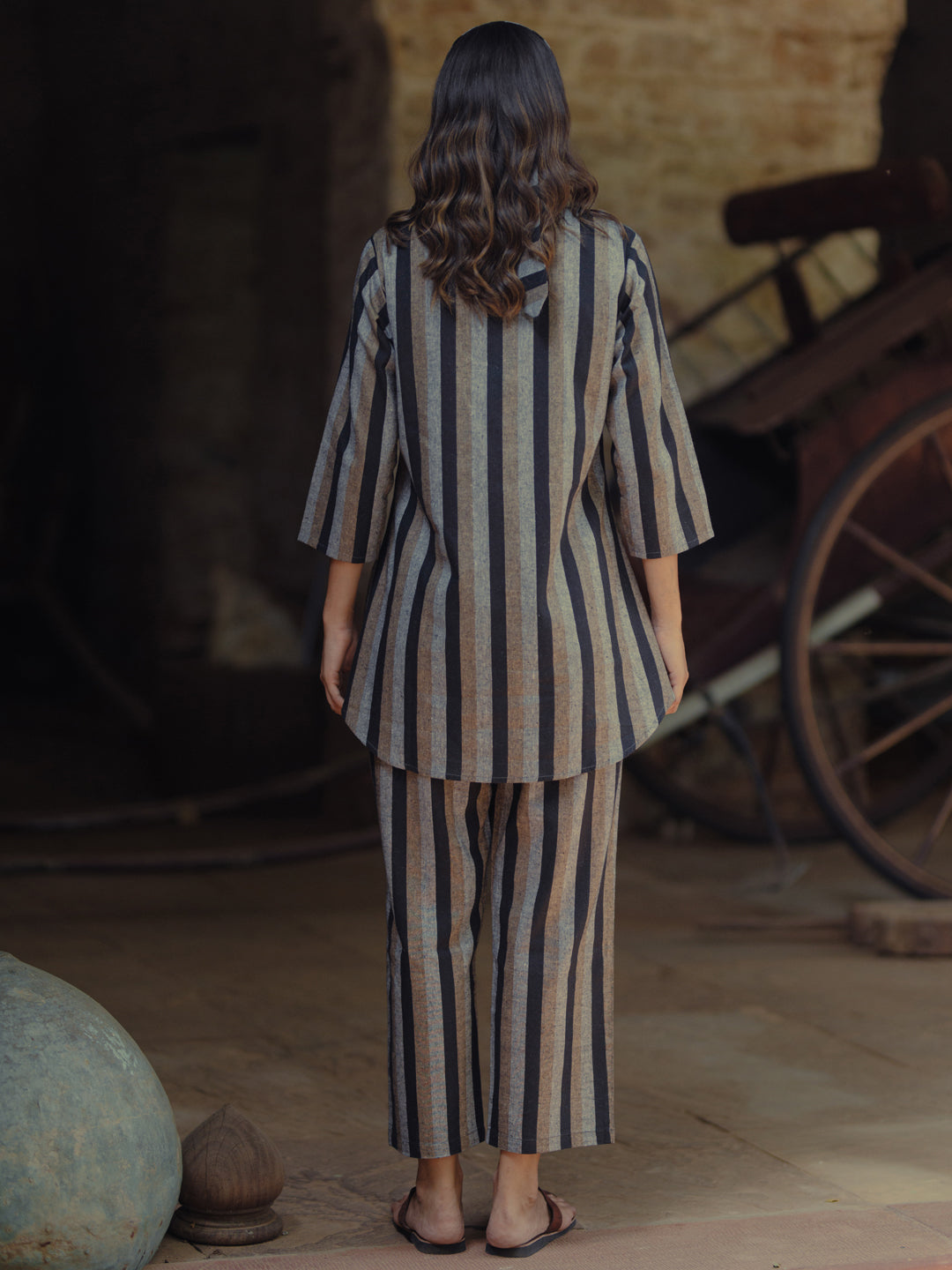 Women's Black Cotton Collared Short Kurta Top with Trousers