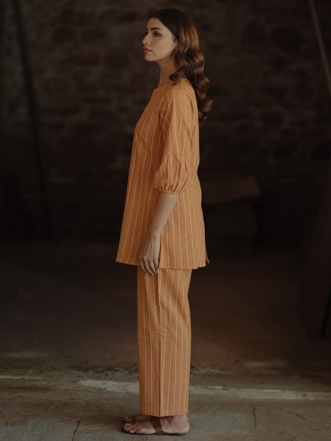 Women's Mustard Cotton Short Kurta with Trousers