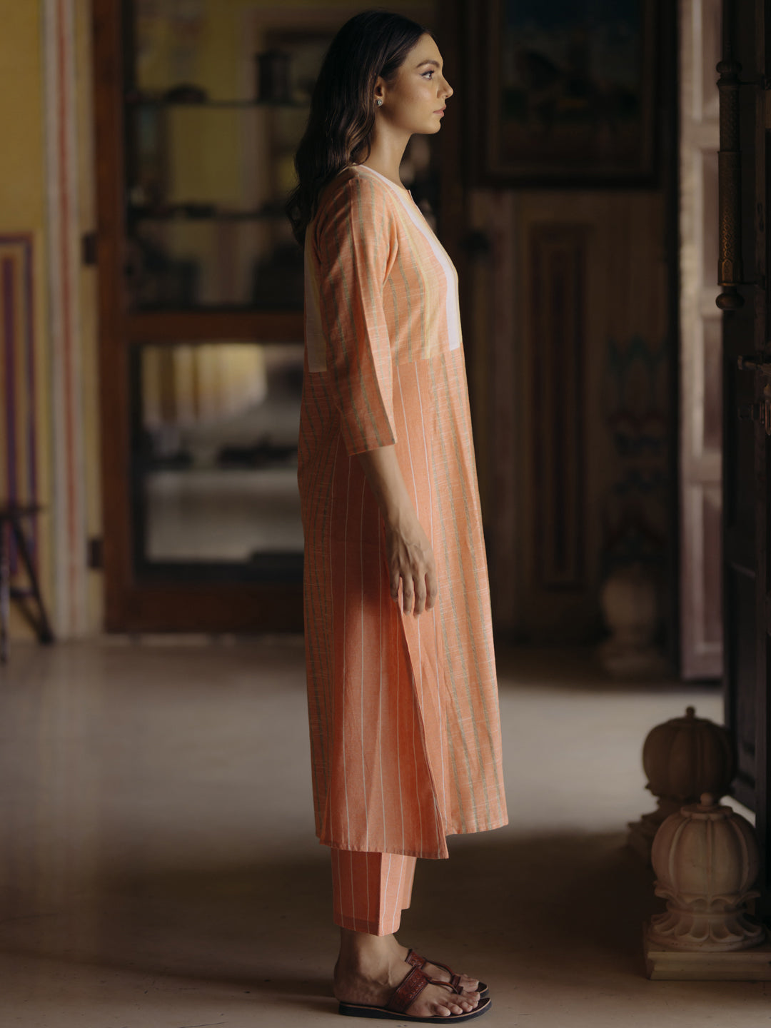 Women's Orange Cotton Patchwork Straight Kurta with Trousers