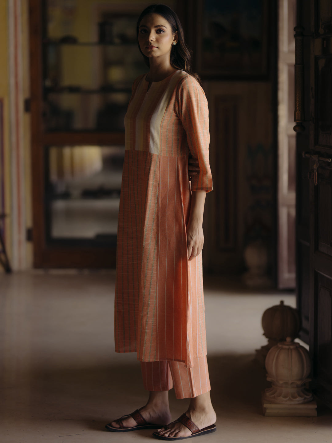 Women's Orange Cotton Patchwork Straight Kurta with Trousers