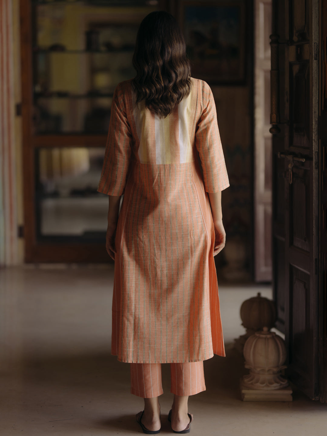 Women's Orange Cotton Patchwork Straight Kurta with Trousers