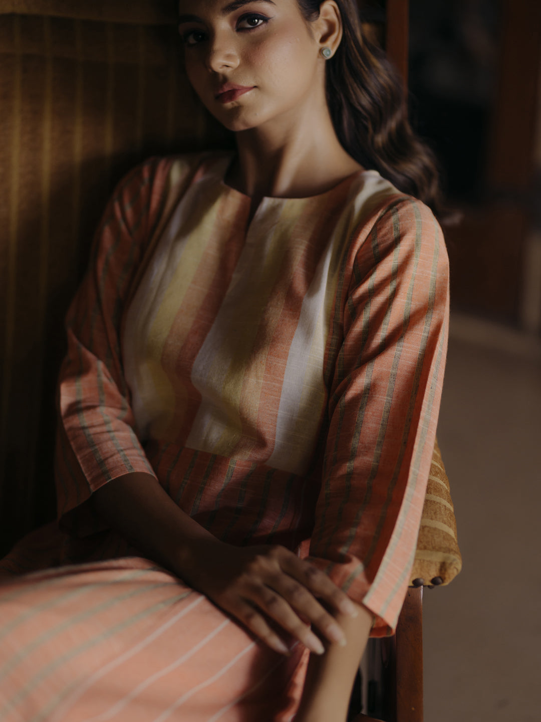 Women's Orange Cotton Patchwork Straight Kurta with Trousers