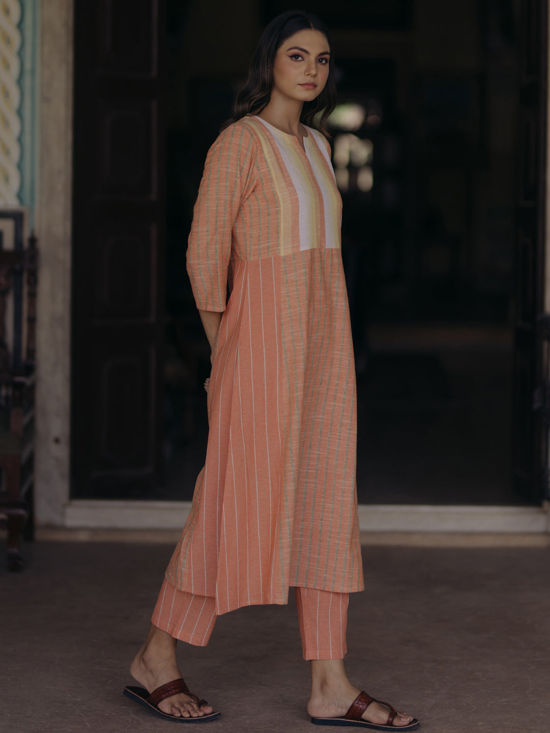 Women's Orange Cotton Patchwork Straight Kurta with Trousers