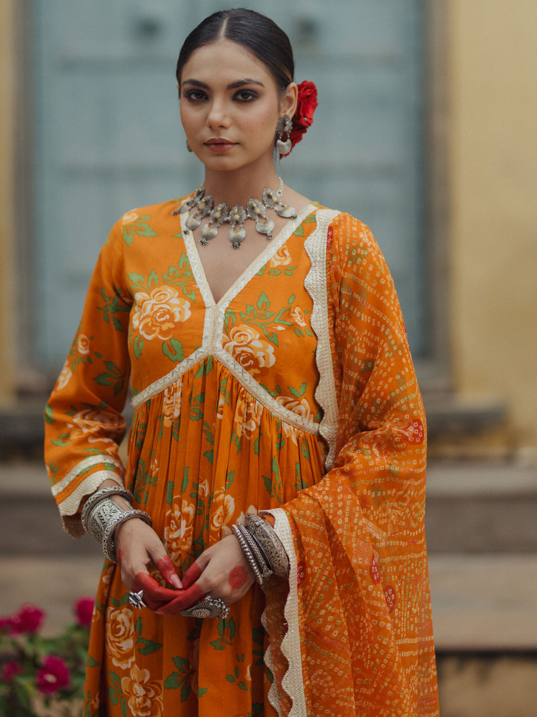 Women's Floral Empire Waist Kurta Set with Bandhni Dupatta