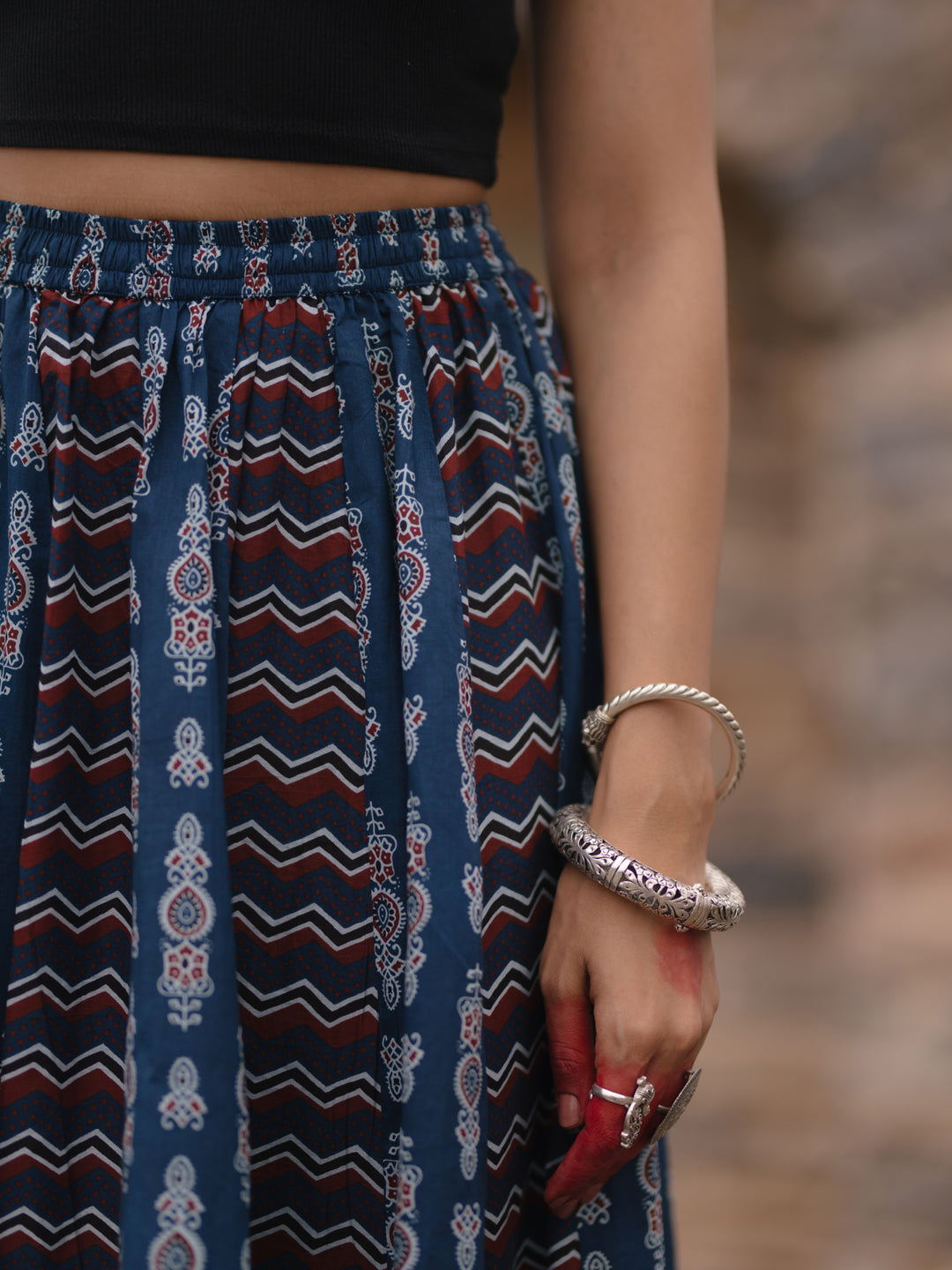 Women's Blue Dual Printed Flared Long Skirt