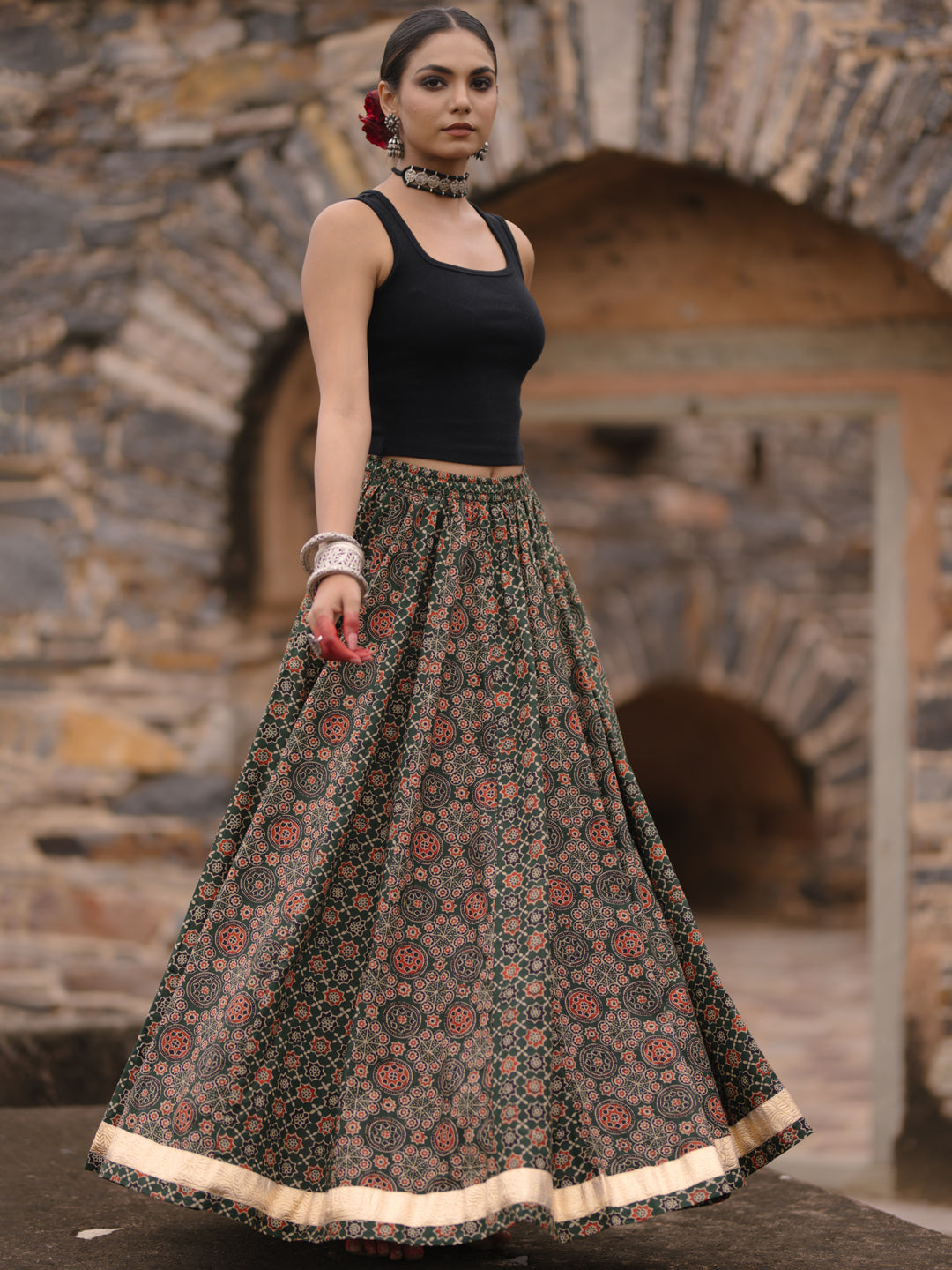 Women's Multi Dual Printed Flared Long Skirt