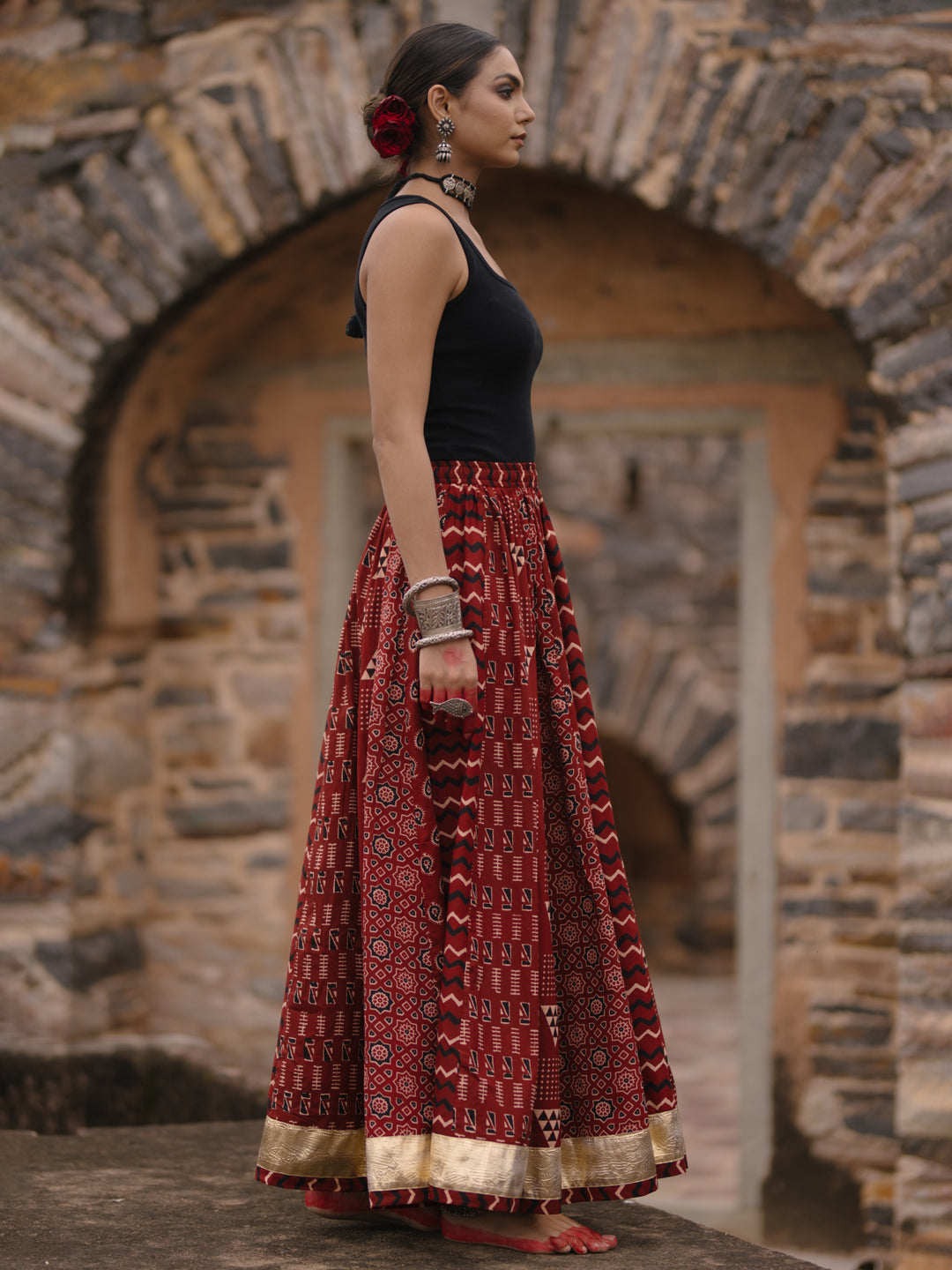 Women's Maroon Multi Printed Flared Long Skirt