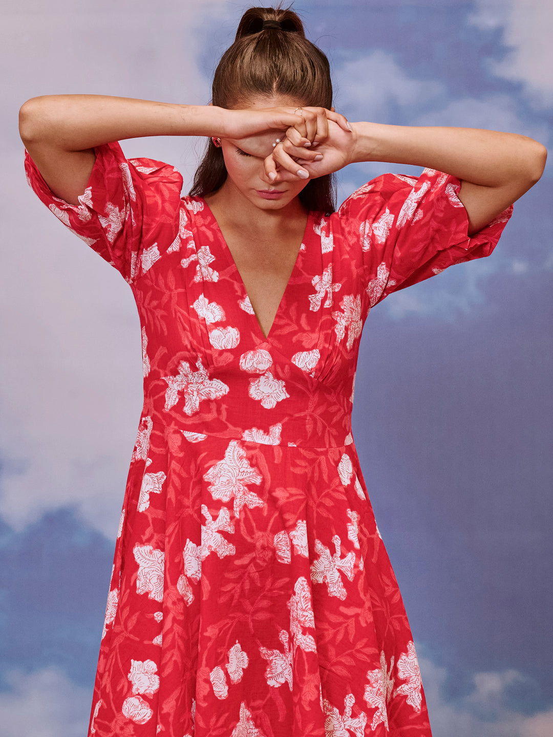 Women's Red long dress with balloon sleeves