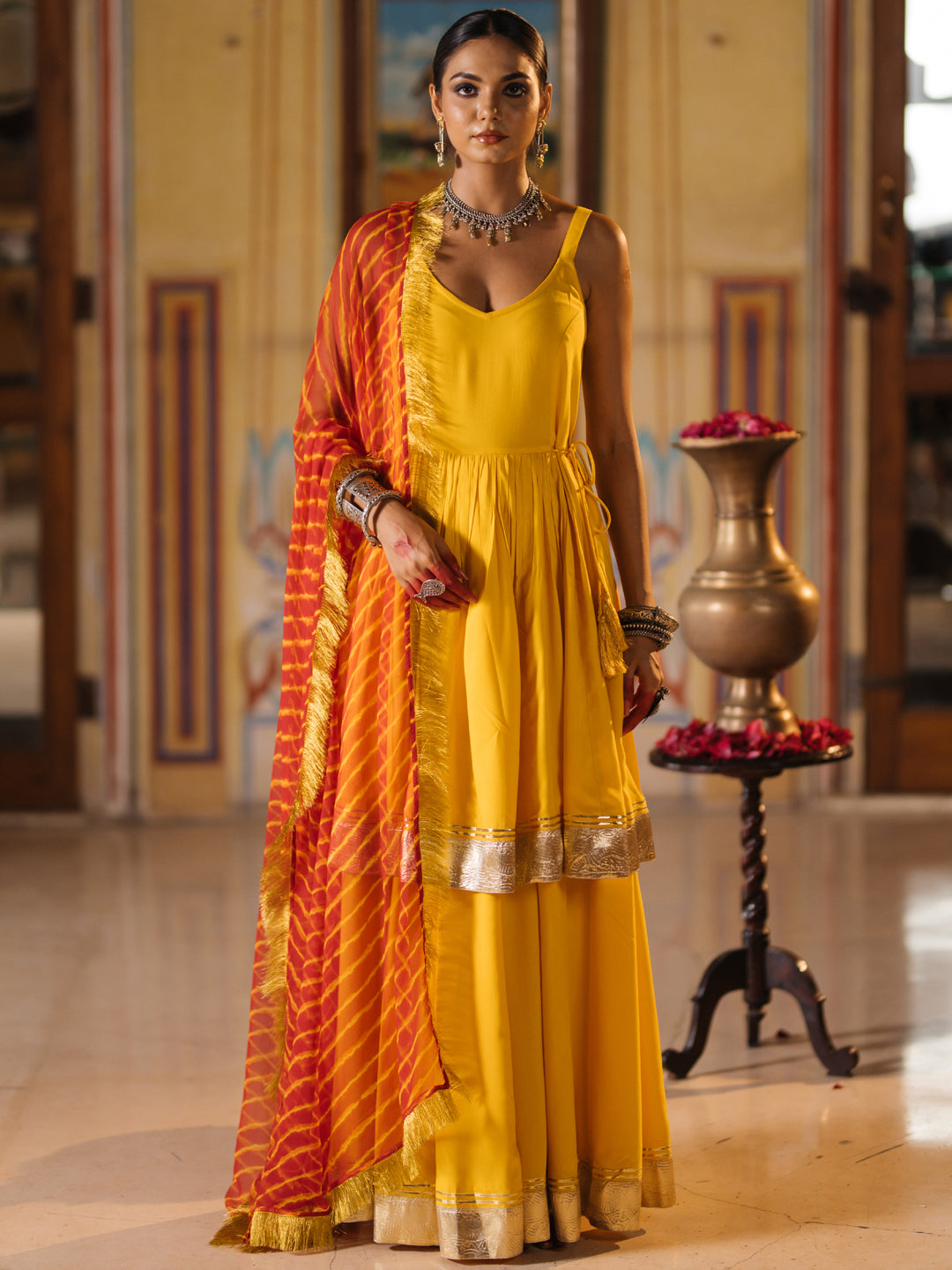 Women's Kurta Skirt Set with Leheriya Dupatta