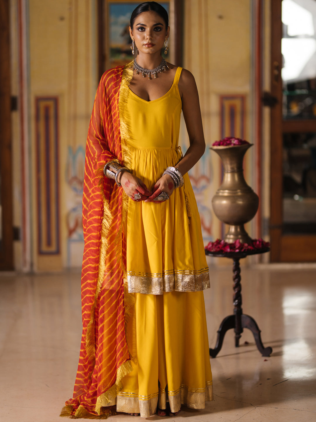 Women's Kurta Skirt Set with Leheriya Dupatta