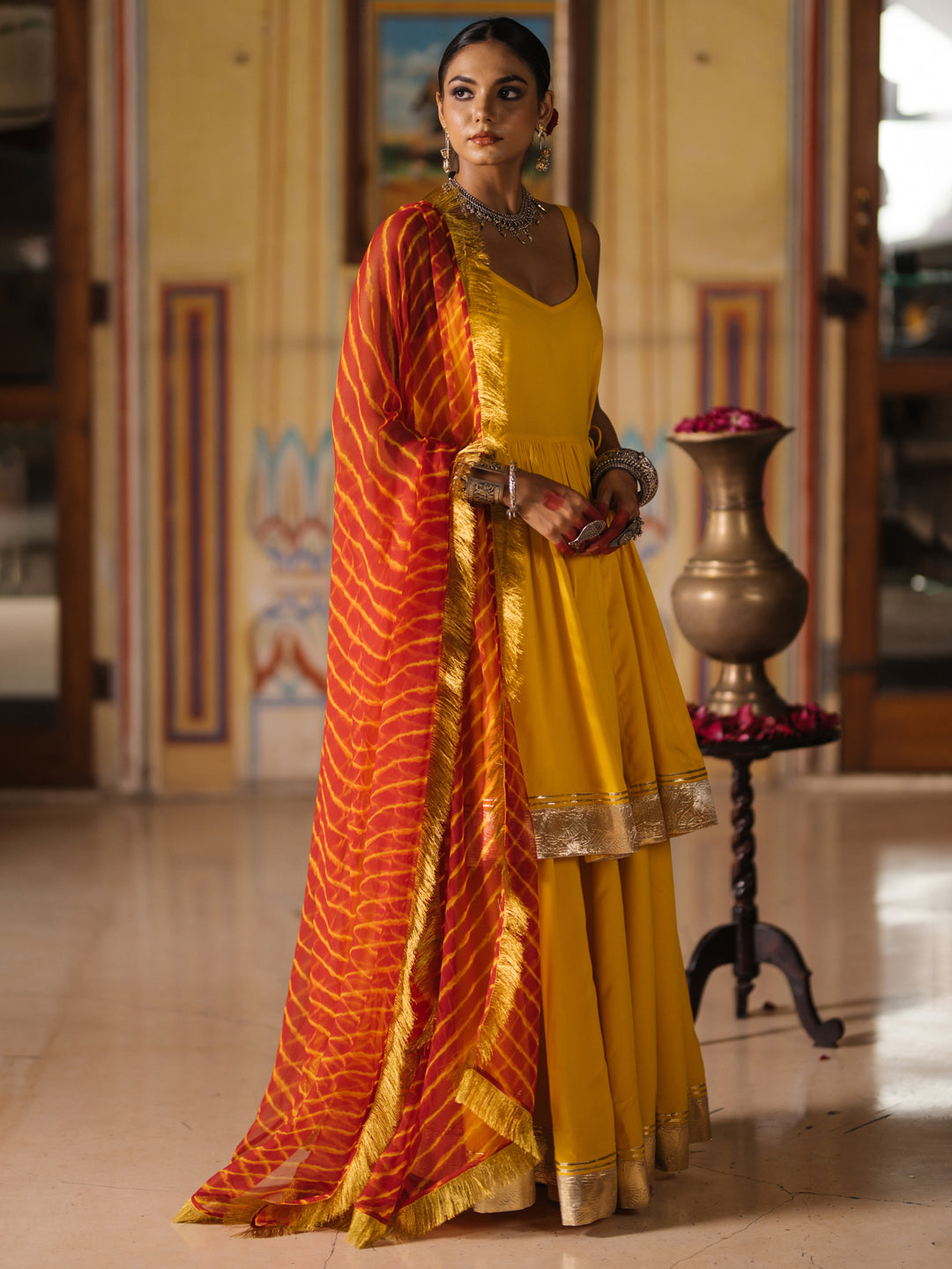 Women's Kurta Skirt Set with Leheriya Dupatta