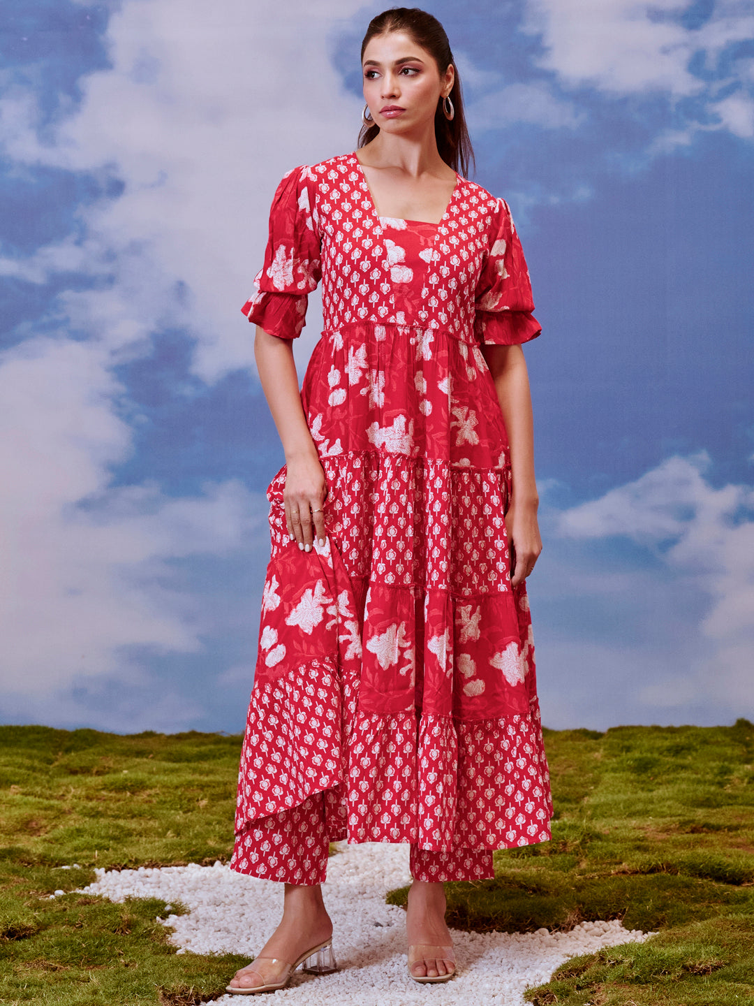Women's Rayon Tiered Kurta with Straight Trousers