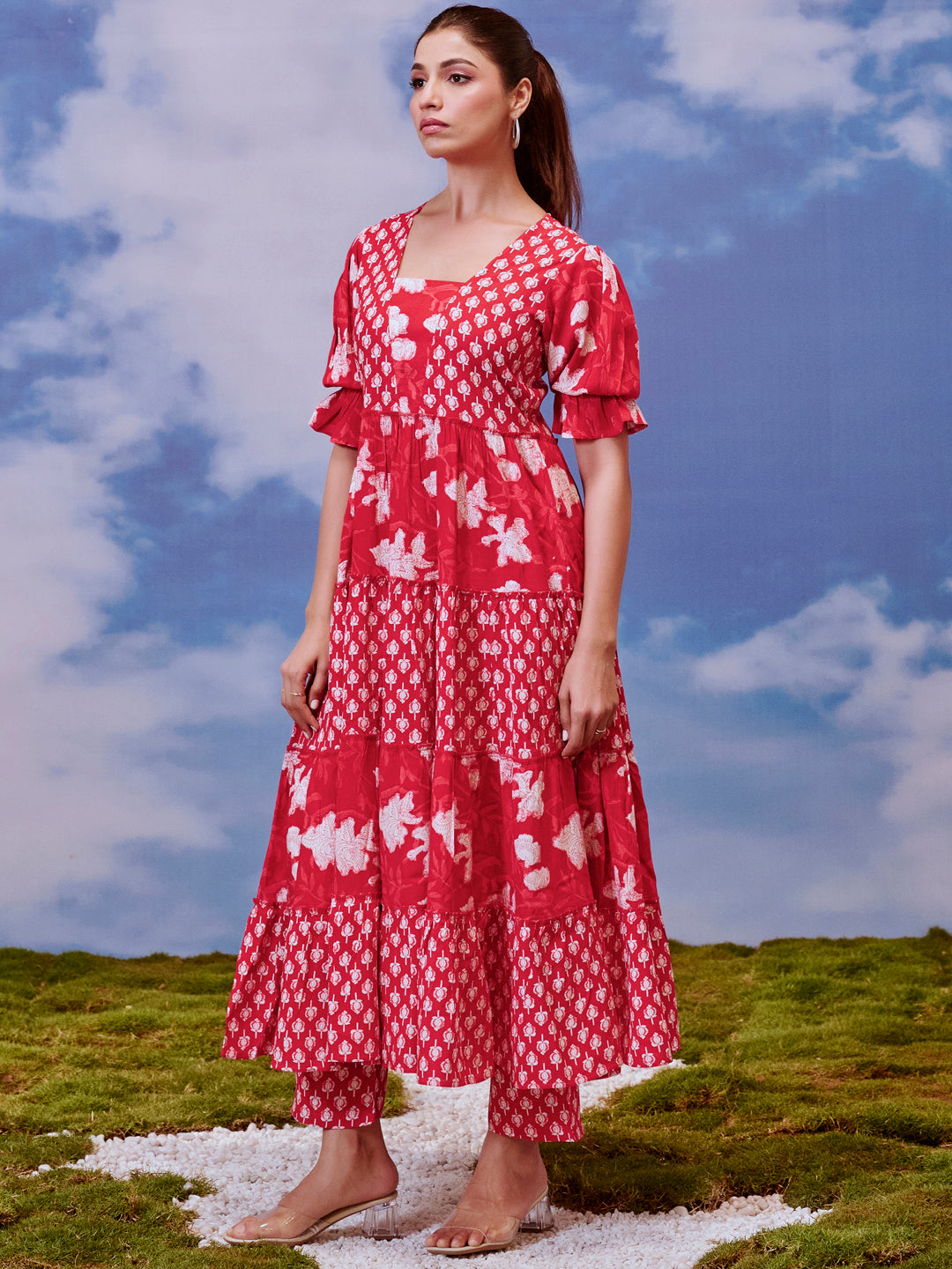 Women's Rayon Tiered Kurta with Straight Trousers