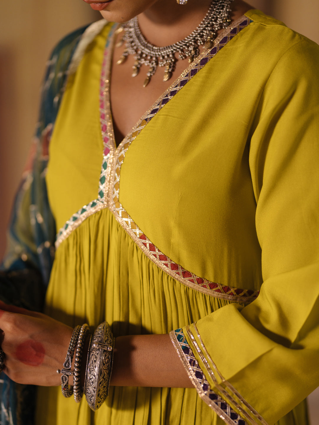 Women's Empire Waist Kurta Set with Floral Dupatta