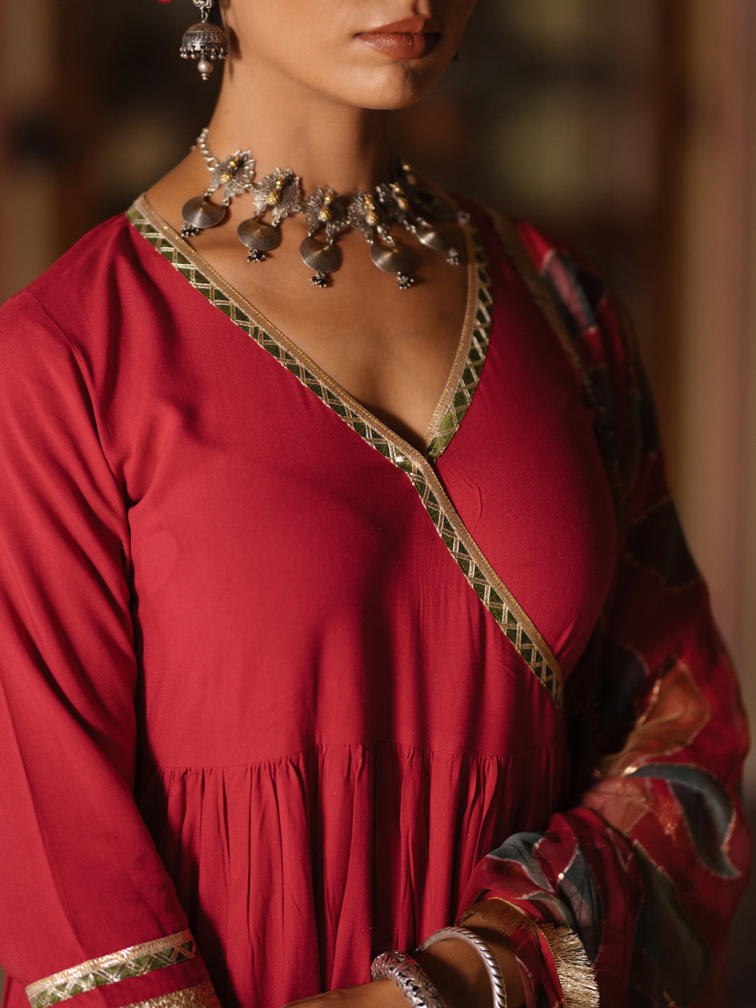 Women's Angrakha Set with Floral Dupatta