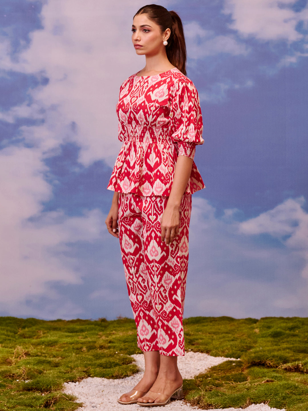 Women's Red Cotton Peplum Top with Straight Pants