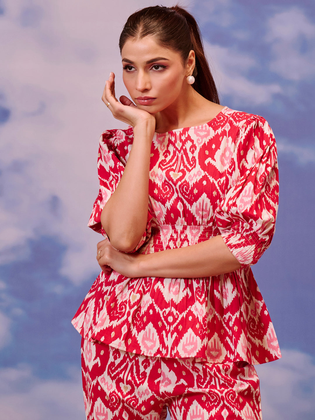 Women's Red Cotton Peplum Top with Straight Pants