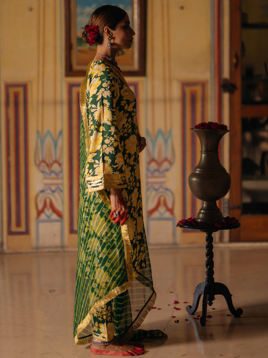 Women's Floral Kurta Set with Leheriya Dupatta