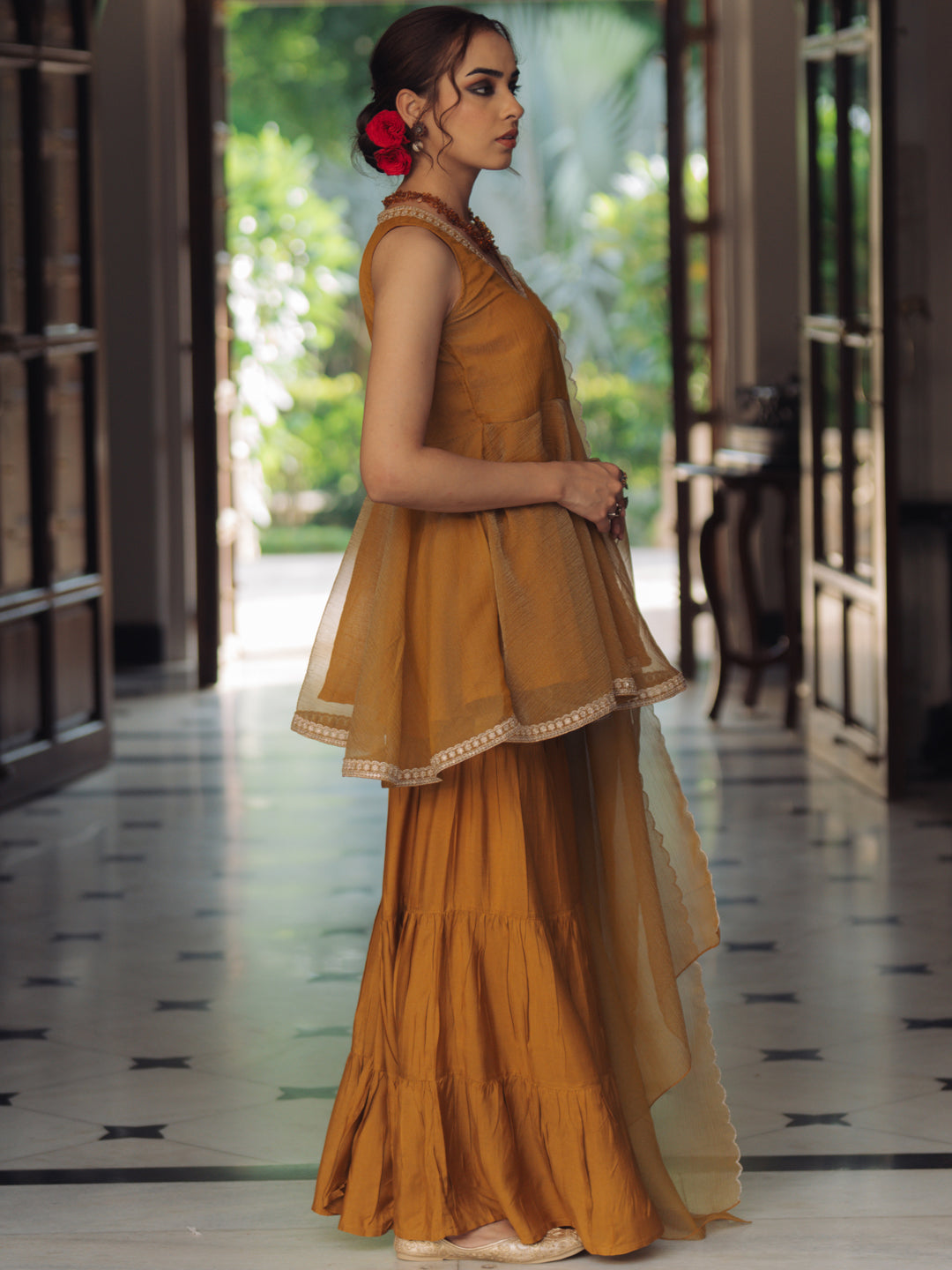 Women's Embroidered Peplum Sharara Set with Dupatta