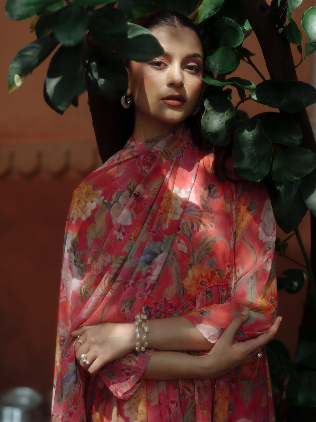 Women's Peach Georgette Kurta Set With Dupatta