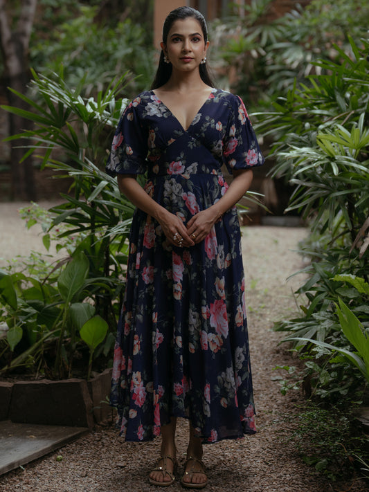 Women's Printed Baloon Sleeve Georgette Midi Dress