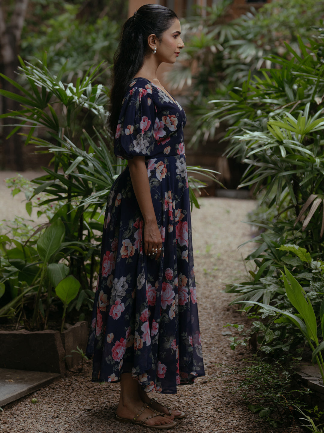 Women's Printed Baloon Sleeve Georgette Midi Dress