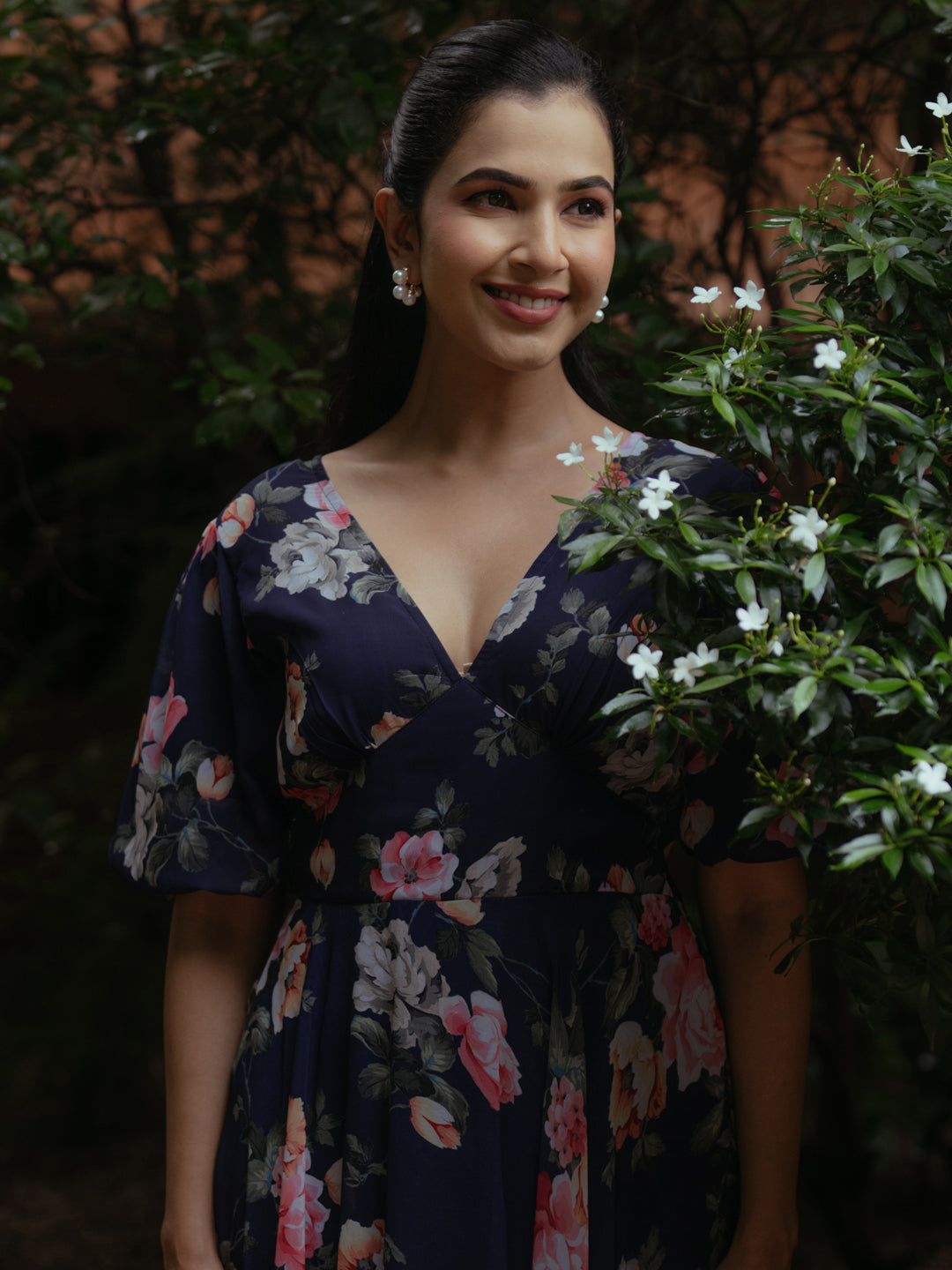 Women's Printed Baloon Sleeve Georgette Midi Dress