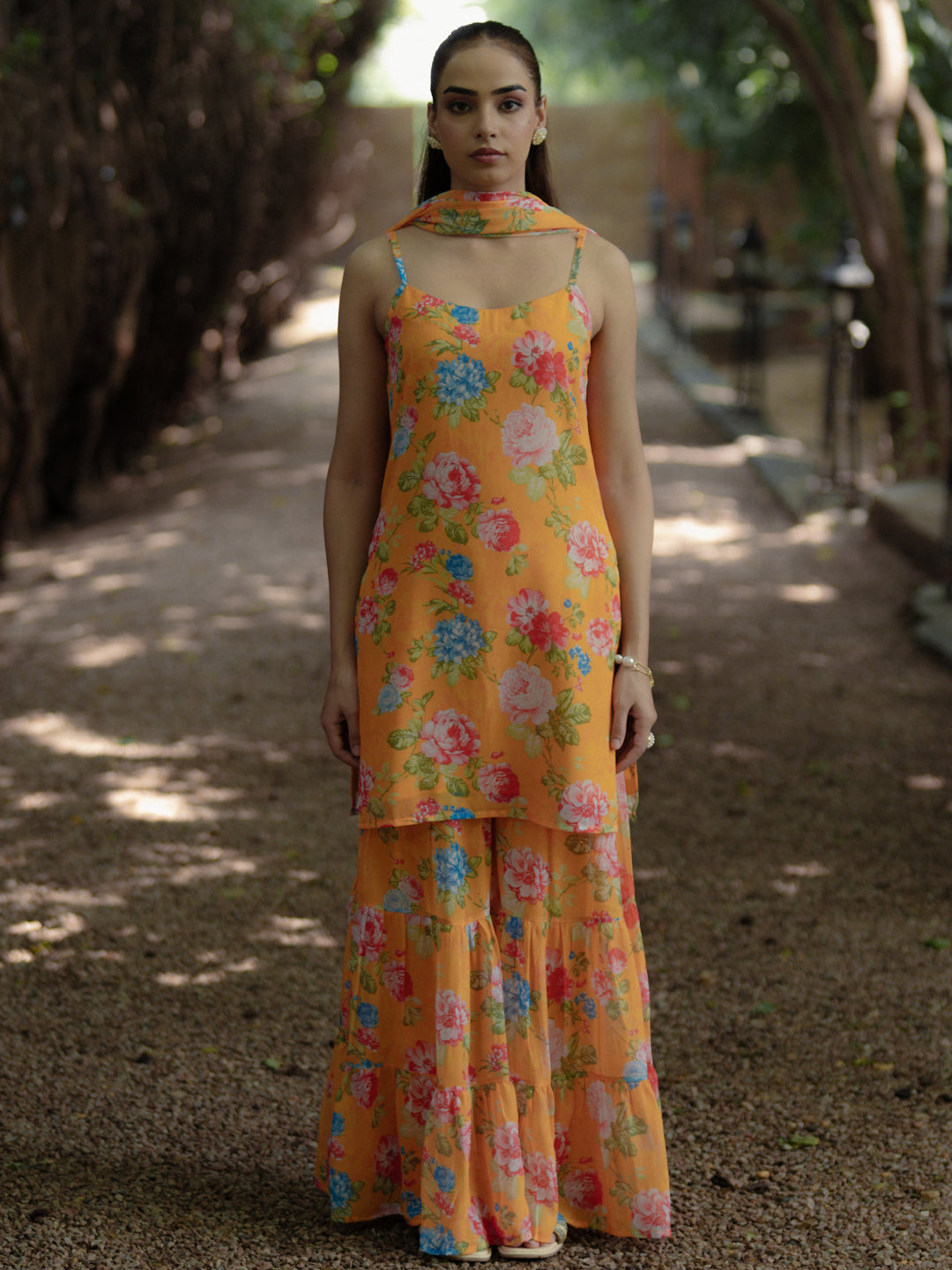 Women's Short kurta With Tiered Sharara And Dupatta