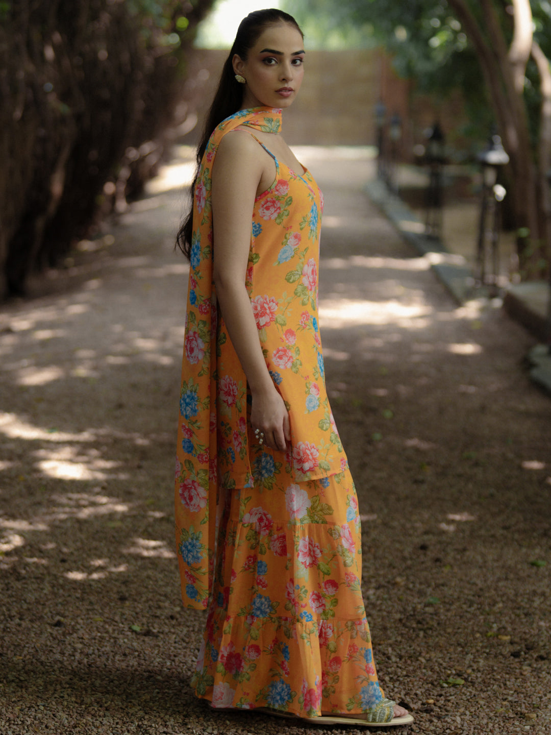 Women's Short kurta With Tiered Sharara And Dupatta